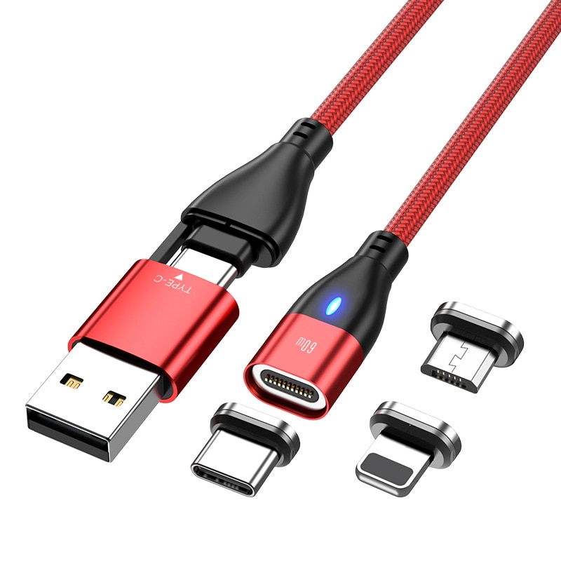 Imagine pentru Cablu de date si incarcare rapida, magnetic, 6 in 1, de la Type C sau USB la Type C, Lightning sau Micro-USB, 1.8 m, 100 W, rosu