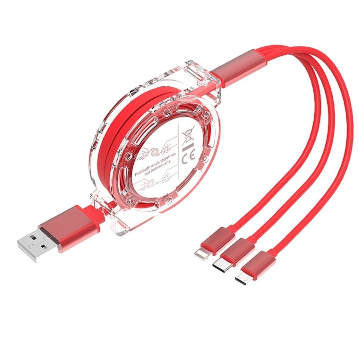 Imagine pentru Cablu de incarcare extensibil 3 in 1, de la USB la Type C, Lightning sau Micro-USB (nu transfera date), 1m, rosu