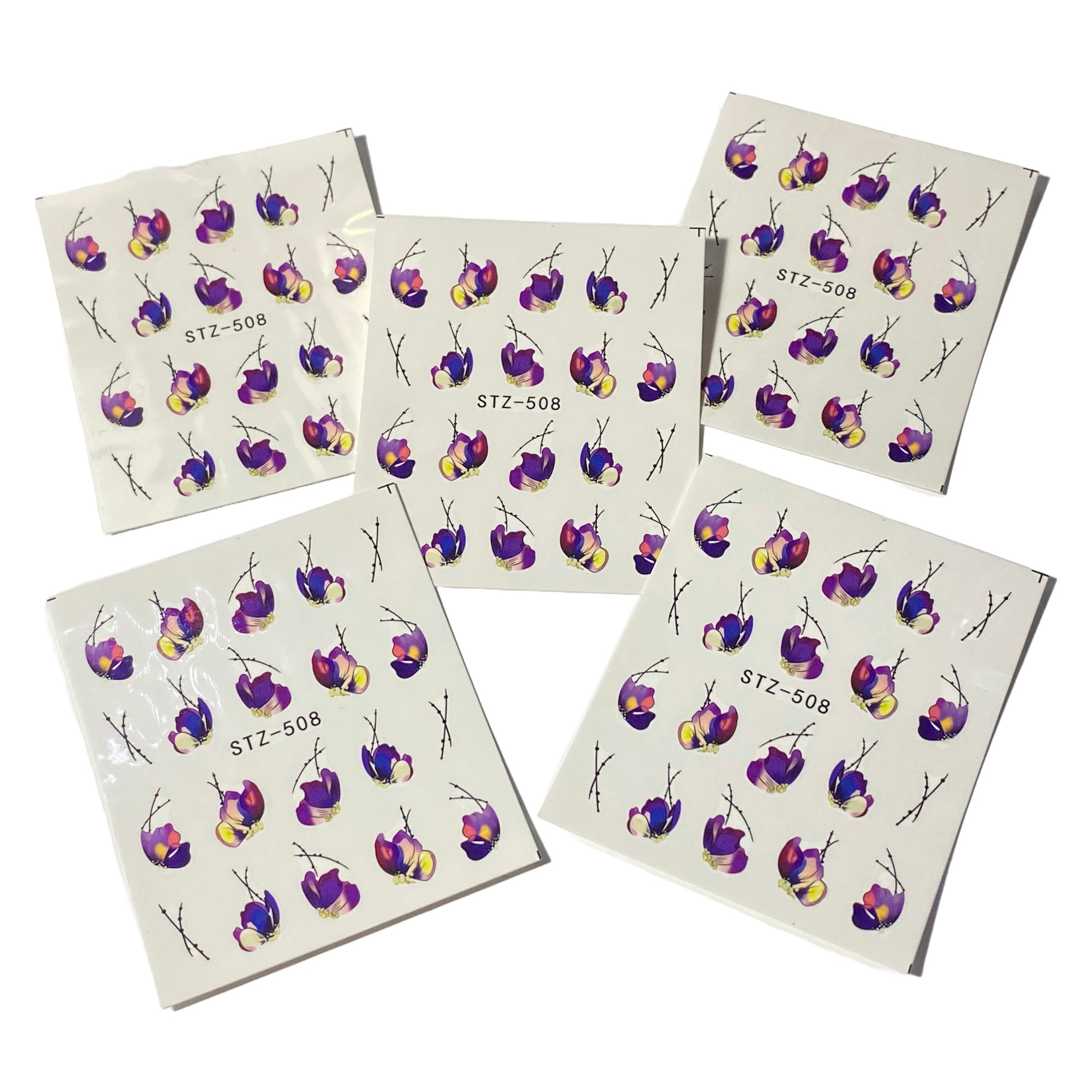 Imagine pentru Set 5 folii stickere pentru decor unghii, STZ-508, model Petale de Flori, Mov, Galben