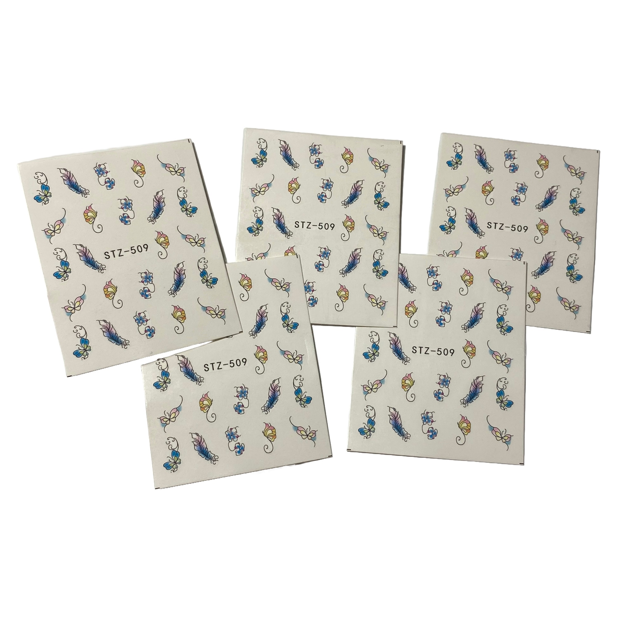 Imagine pentru Set 5 folii stickere pentru decor unghii, STZ-509, model Fantasy, Bleu, Violet, Galben