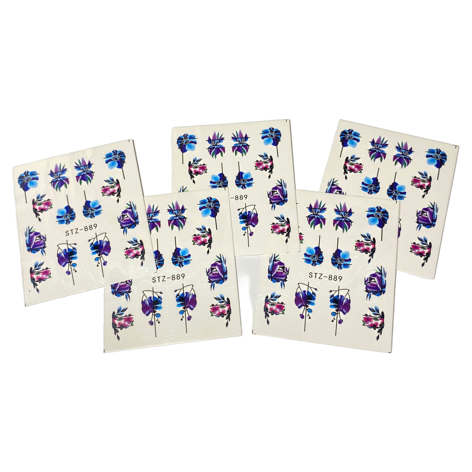 Imagine pentru Set 5 folii stickere pentru decor unghii, STZ-889, model Aqua Flowers, Albastru, Mov