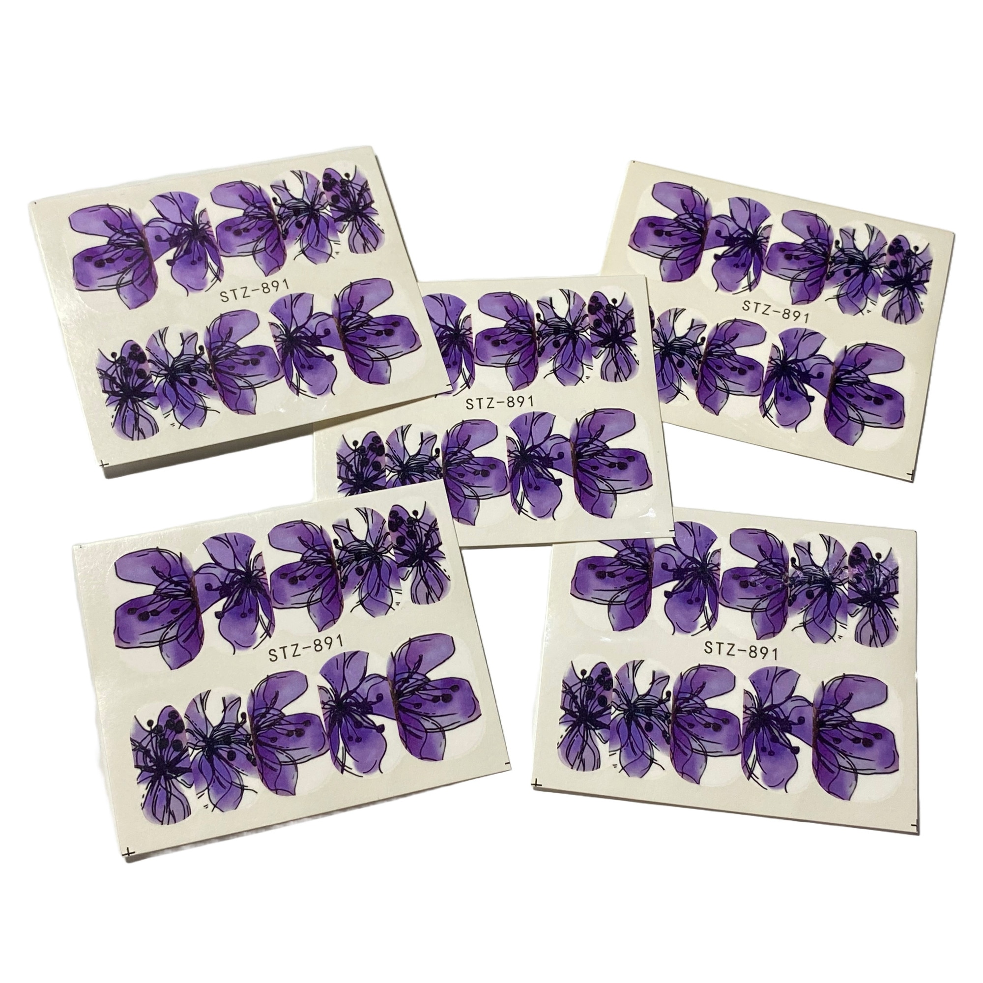 Imagine pentru Set 5 folii stickere pentru decor unghii, STZ-891, model Purple Flower, Mov