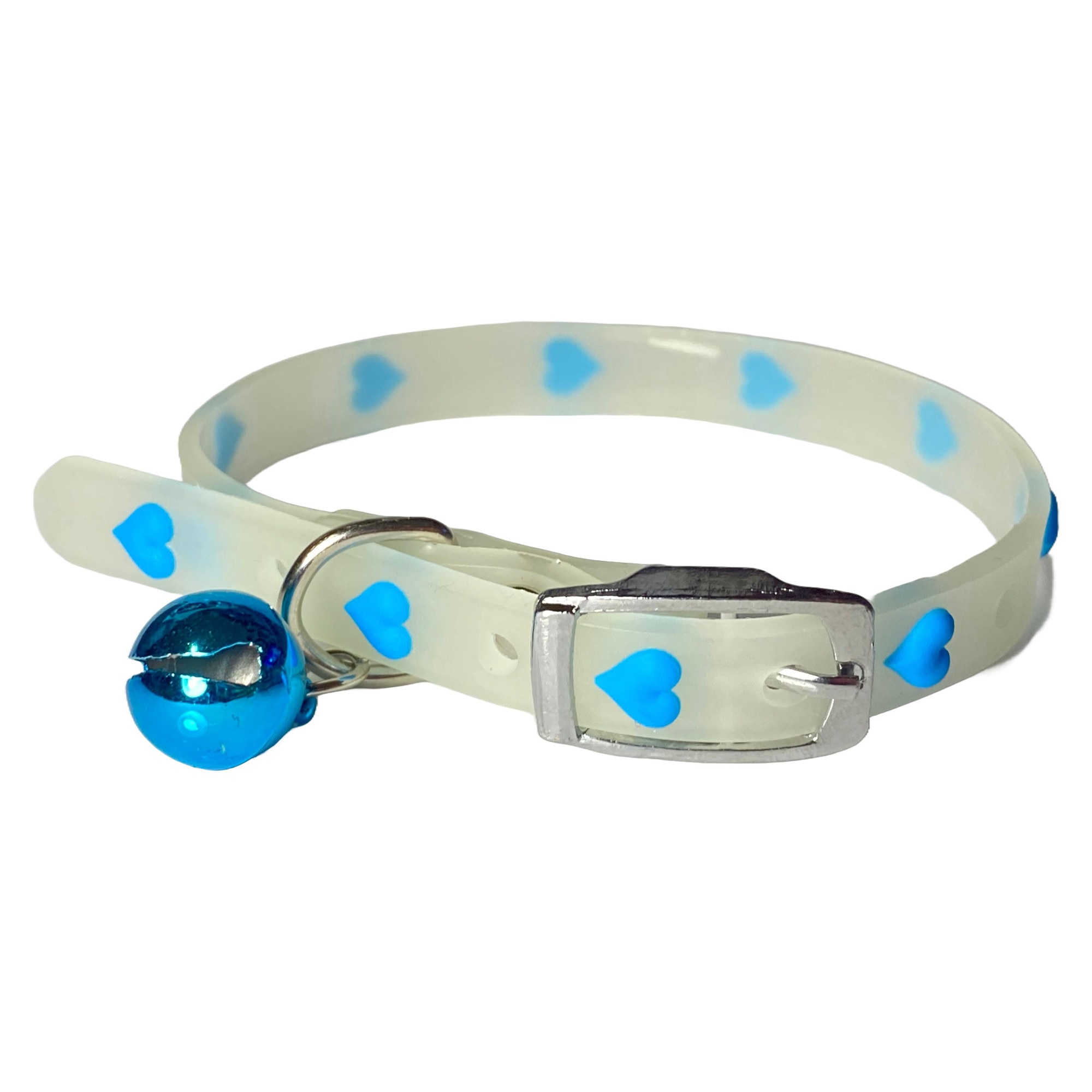 Imagine pentru Zgarda pentru animale de casa, ajustabila, cu clopotel, fosforescenta cu incarcare la soare, din silicon, cu inimioare, albastra