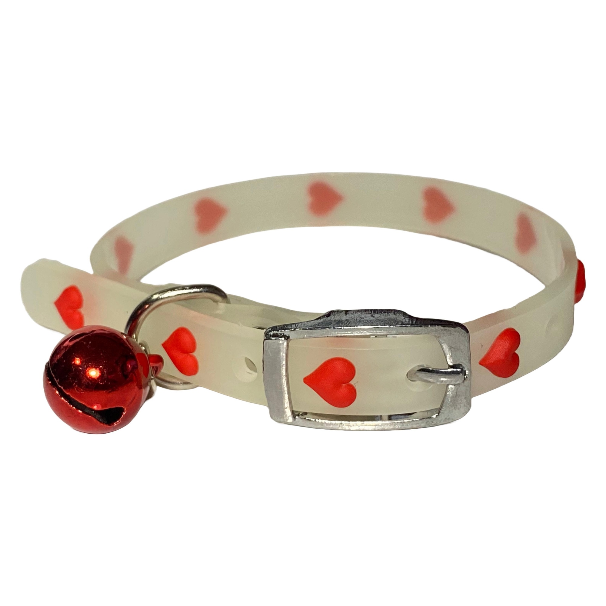 Imagine pentru Zgarda pentru animale de casa, ajustabila, cu clopotel, fosforescenta cu incarcare la soare, din silicon, cu inimioare, rosie